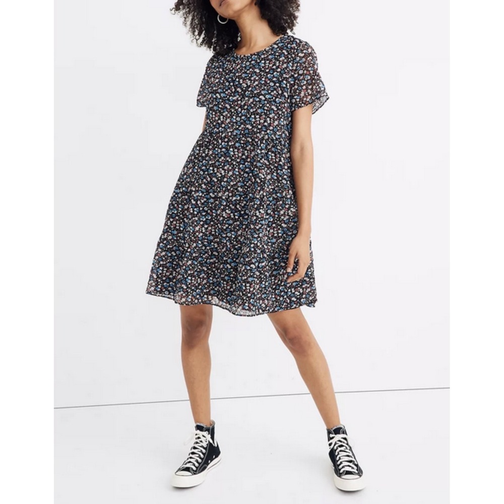 Madewell Spring Prairie Tiered Dress Floral Mini Black Blue Womens S